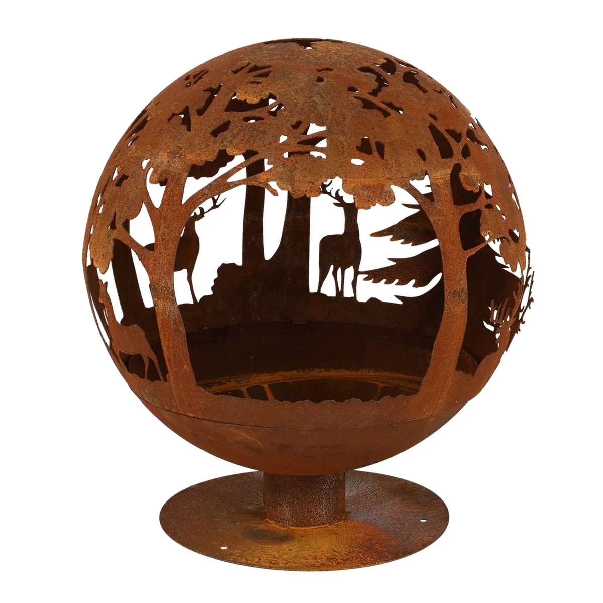 A tranquil evening with friends around the fire ball laser cut rust woodland laser cut fire pit.