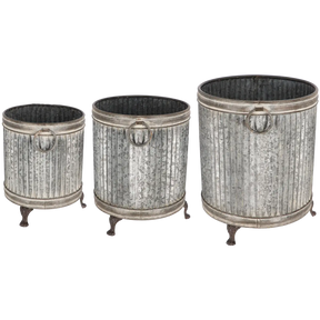 Footed planter round set of 3 ZINC featuring a classic ribbed design and sturdy lion’s paw legs, perfect for displaying flowers, herbs, and small shrubs. Ideal zinc footed planters for garden or balcony decor.