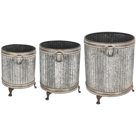 Footed planter round set of 3 ZINC featuring a classic ribbed design and sturdy lion’s paw legs, perfect for displaying flowers, herbs, and small shrubs. Ideal zinc footed planters for garden or balcony decor.
