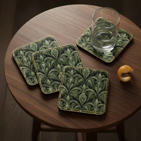 Set of 4 Green Coasters with Art Deco Fan Pattern featuring elegant design and deep sage tones, perfect as decorative art deco coasters.