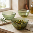 Set of 3 elegant green glass bowls with a ridged design in olive green, perfect for serving salads and snacks.