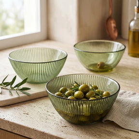 Set of 3 elegant green glass bowls with a ridged design in olive green, perfect for serving salads and snacks.