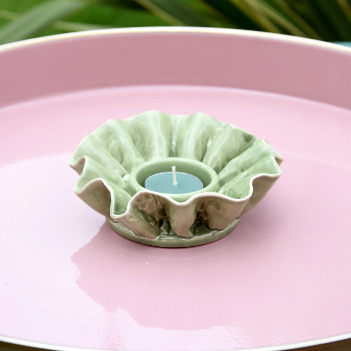 Close-up of Flower Shaped Tealight Holder - Green, highlighting the intricate ceramic craftsmanship, making it a great flower tealight holder.