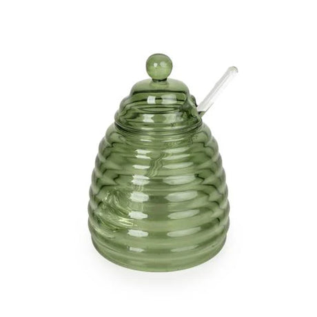 Elegant Green Glass Honey Jar with Bee Lid showcasing its tactile finish, ideal for keeping honey fresh in style.