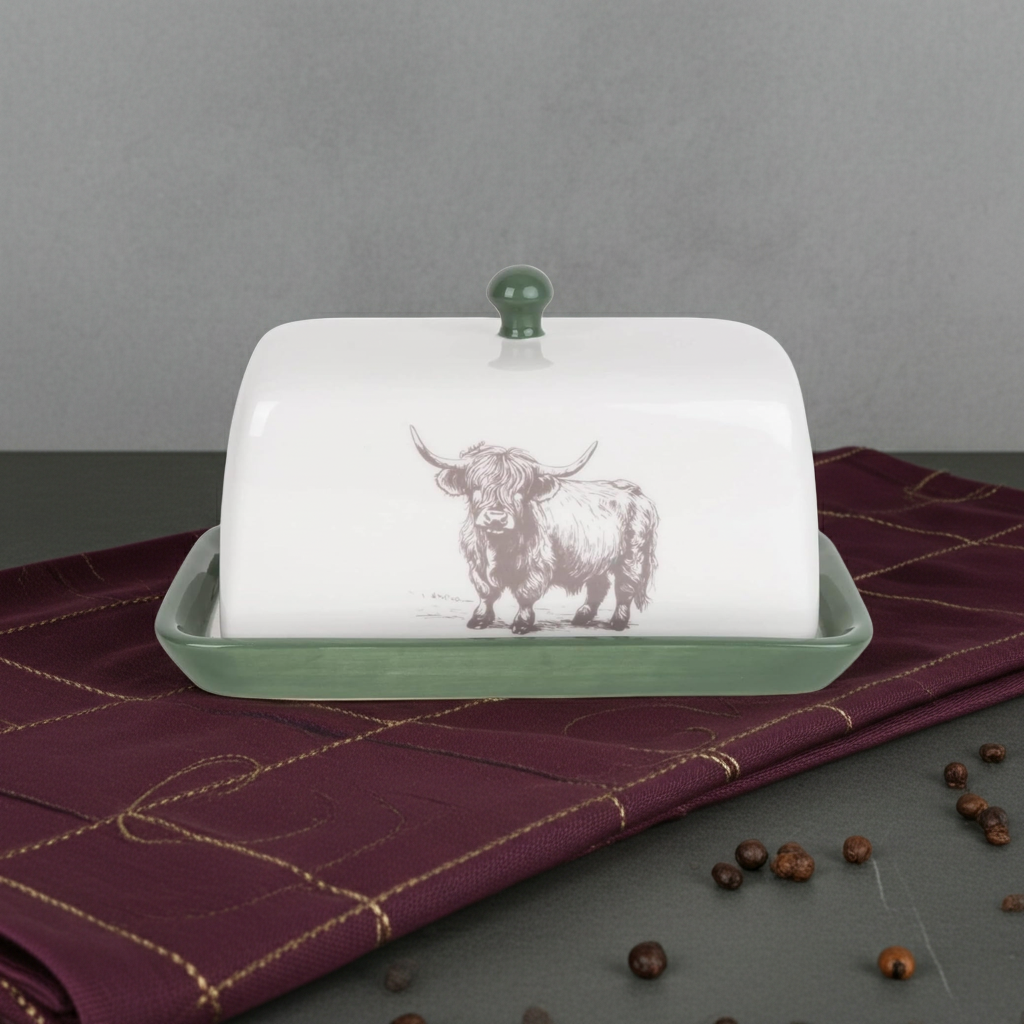 Highland Cow Ceramic Butter Dish with Lid Green Butter Dish - Home Deco London
