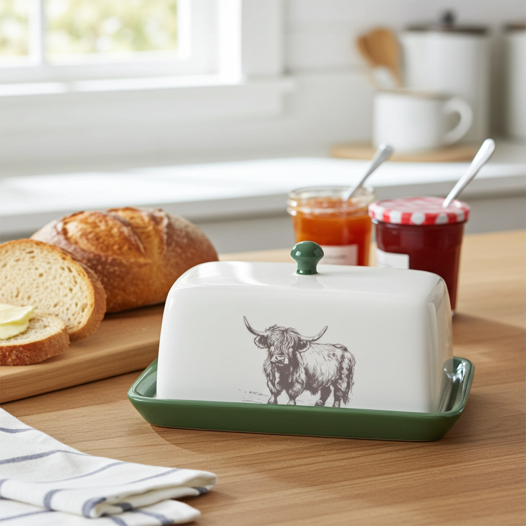 Highland Cow Ceramic Butter Dish with Lid Green Butter Dish - Home Deco London