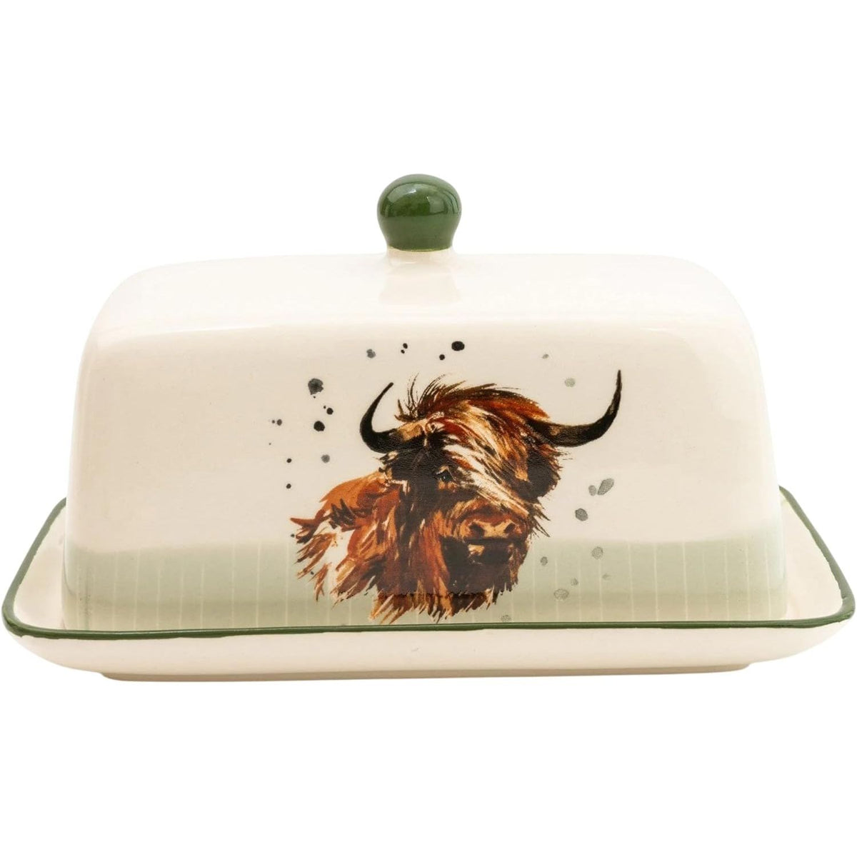 Butter dish with a highland cow design on a white background