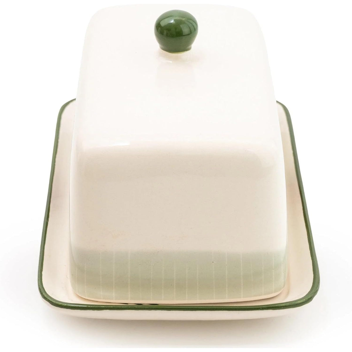 Rectangular ceramic butter dish with a green lid on a white background
