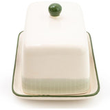 Rectangular ceramic butter dish with a green lid on a white background