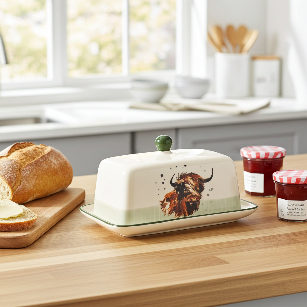 Butter dish with a cow design on a kitchen counter with bread and jam