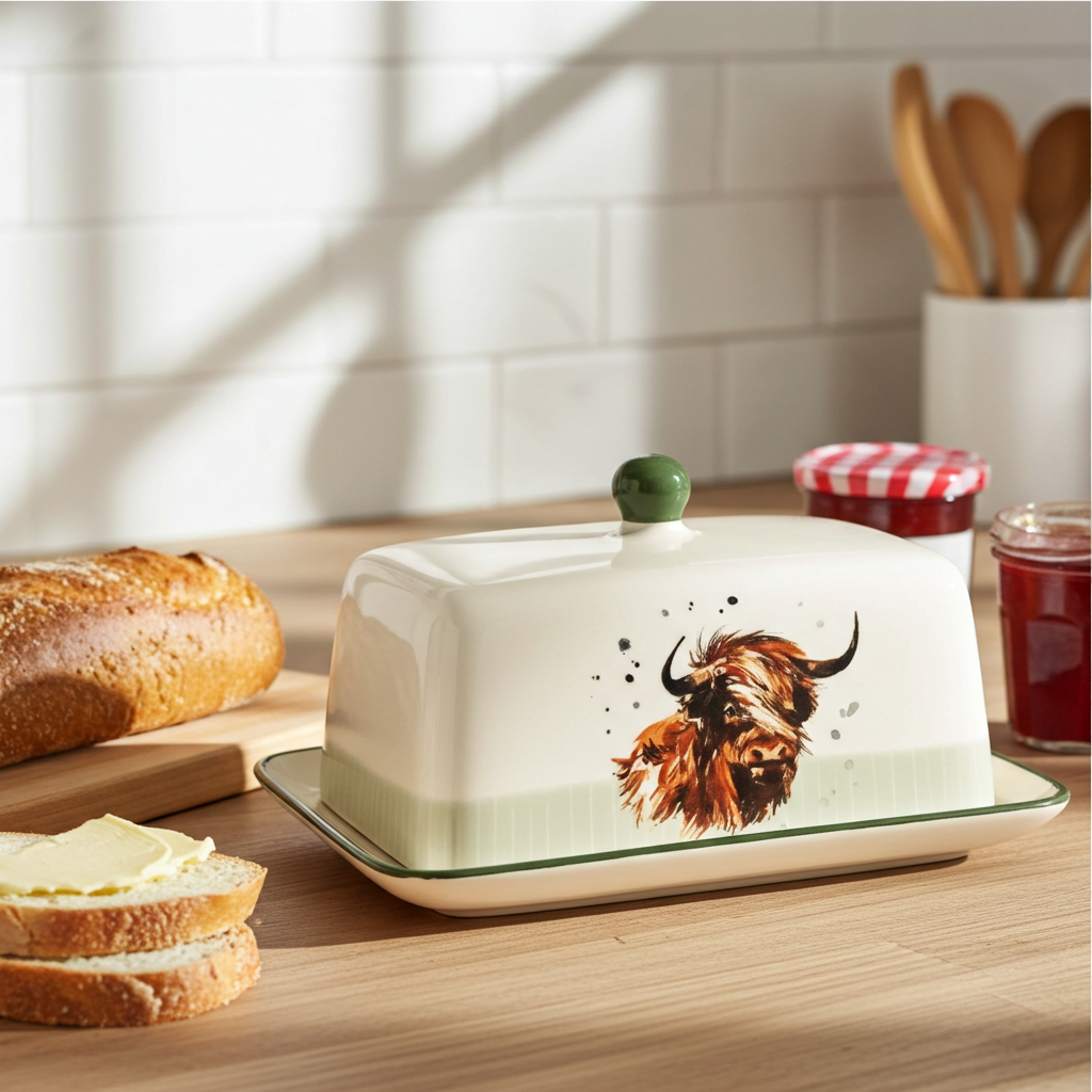 Butter dish with a cow design on a kitchen counter with bread and butter.