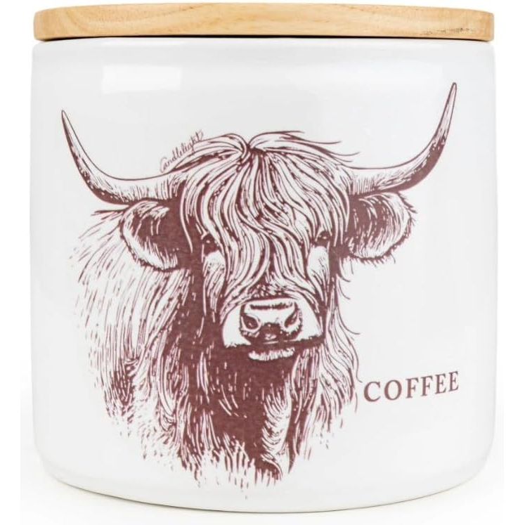 Highland Cow Ceramic Canister - Detailed ceramic kitchen container featuring a Highland cow motif, ideal for a rustic kitchen decor.