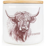 Highland Cow Ceramic Canister - Detailed ceramic kitchen container featuring a Highland cow motif, ideal for a rustic kitchen decor.