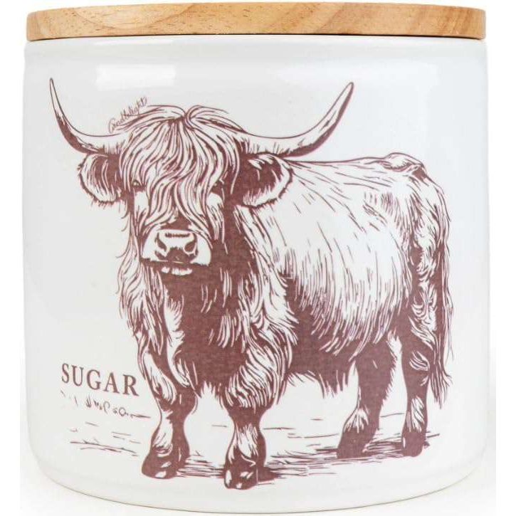 Bamboo Lidded Ceramic Kitchen Container - Highland Cow ceramic canister set designed for tea, coffee, and sugar, adding charm to your kitchen.