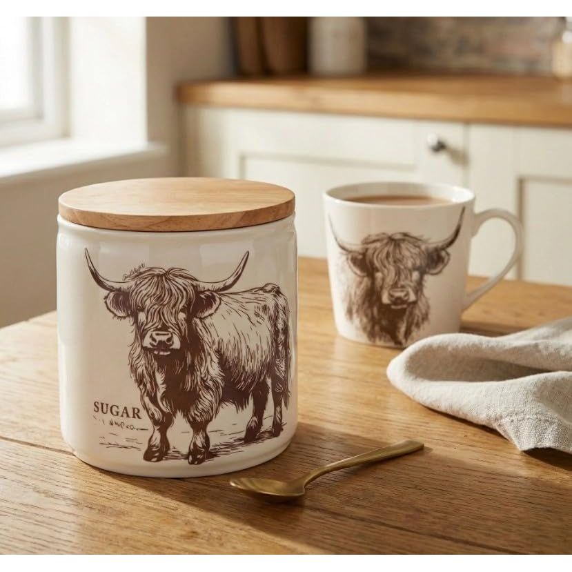 Highland Cow Kitchen Canisters - Set of 3 ceramic kitchen containers with bamboo lids for a stylish and functional tea, coffee, and sugar storage.