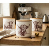 Highland Cow Ceramic Canister Set - Stylish ceramic kitchen containers with charming Highland cow design, perfect for tea, coffee, and sugar storage.