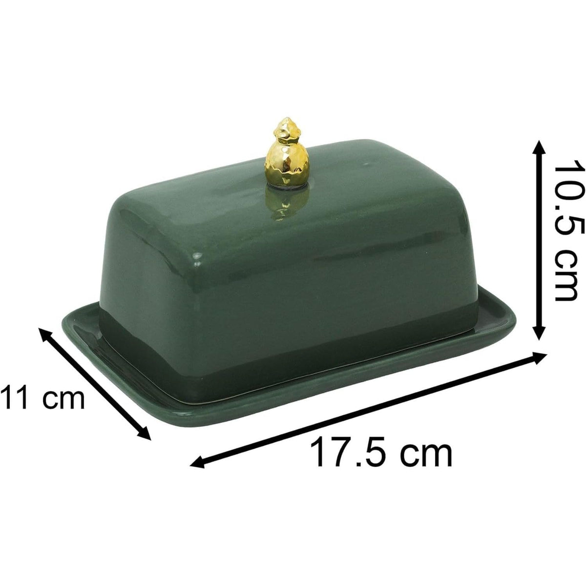 Green butter dish with a gold lid and measurements on a white background
