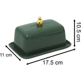 Green butter dish with a gold lid and measurements on a white background