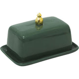 Green butter dish with a gold lid on a white background