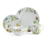 Home 16 Piece Set, Bumble Bee dinner set showcasing vibrant bumble bee and wildflower designs on dinner plates.