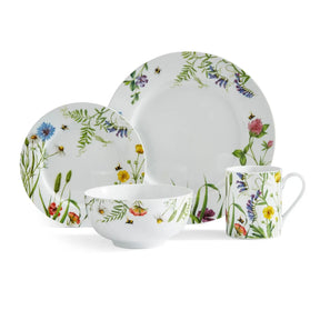 Home 16 Piece Set, Bumble Bee dinner set showcasing vibrant bumble bee and wildflower designs on dinner plates.
