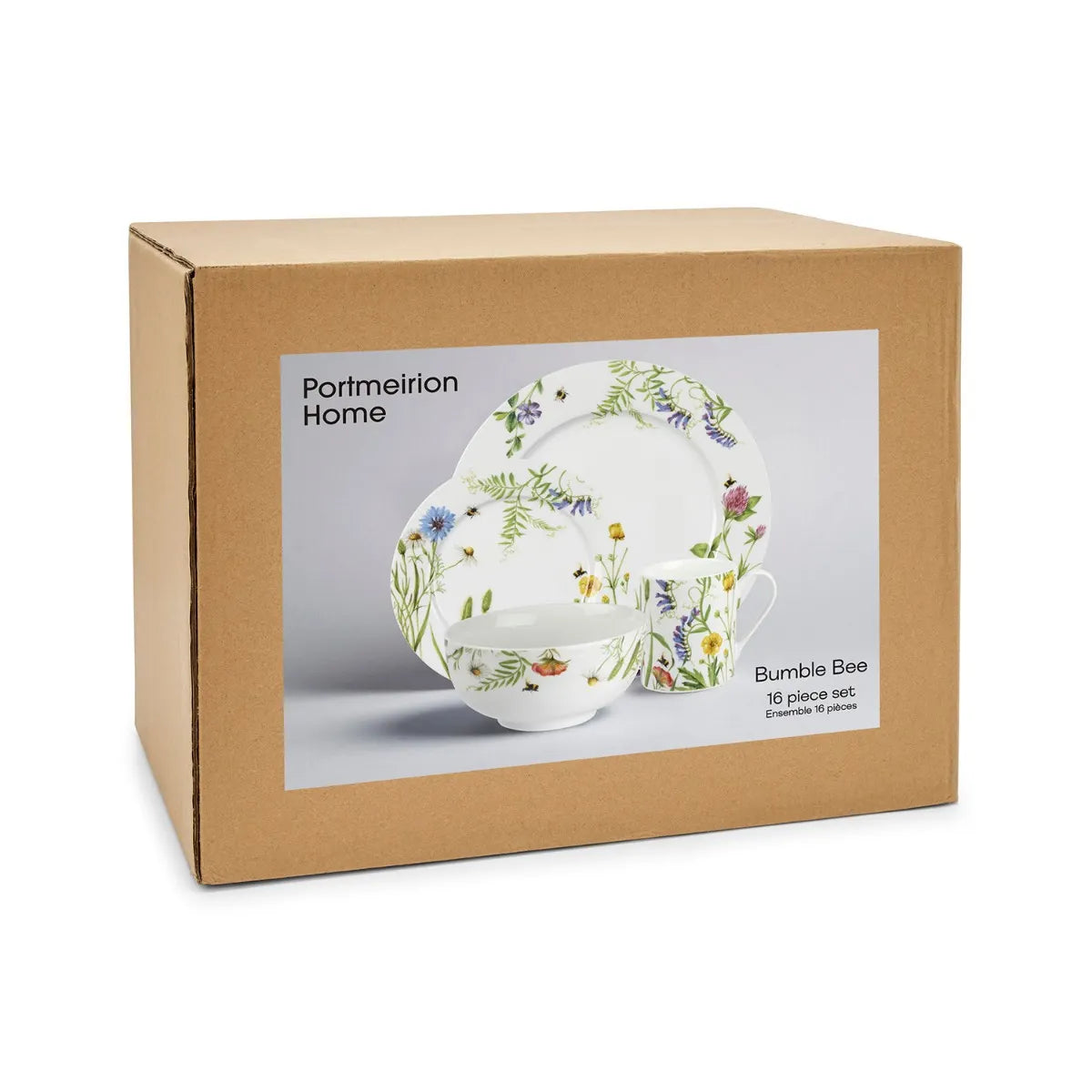 Home 16 Piece Set, Bumble Bee dinner set beautifully arranged on a wooden table, highlighting its porcelain craftsmanship.