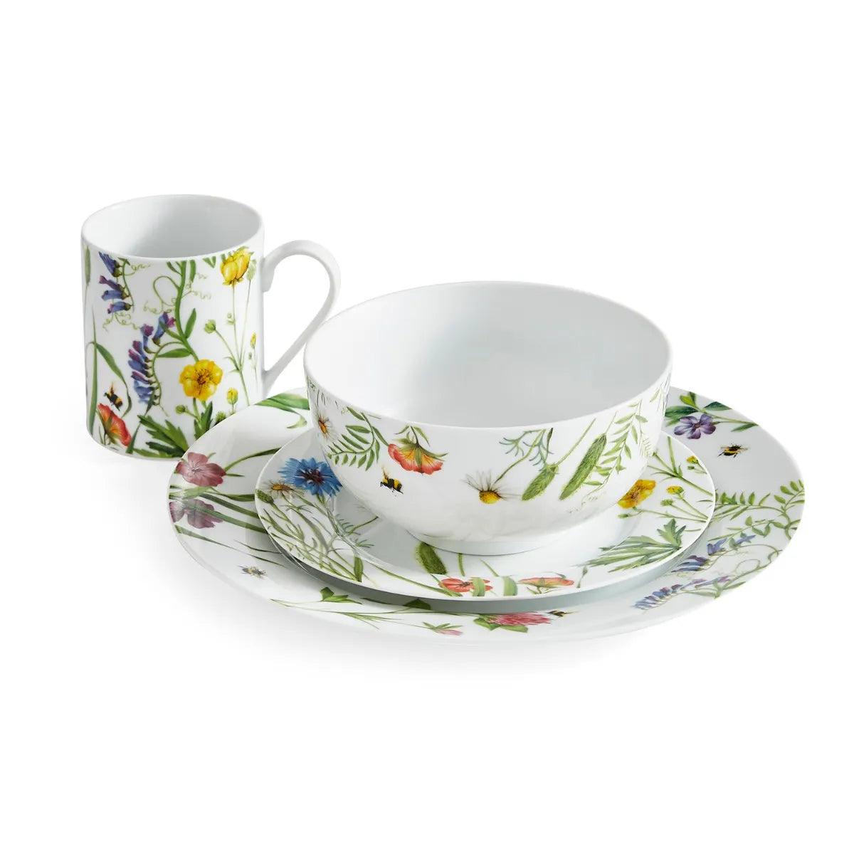 Home 16 Piece Set, Bumble Bee dinner set featuring a colourful salad plate with bumble bee artwork.