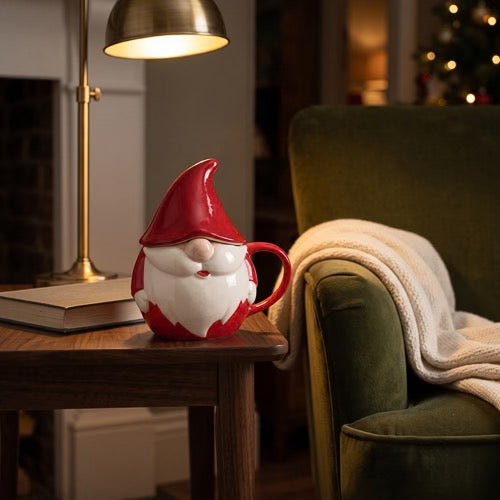 Santa Gnome Ceramic Mug with Lid, Red