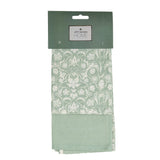Jeff Banks Set of 2 Printed Tea Towels - Elegant Floral Jacquard in Sage Green - Home Deco London