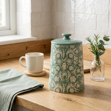 Jeff Banks Ceramic Kitchen Storage Jar Jacquard Design in Sage Green - Home Deco London