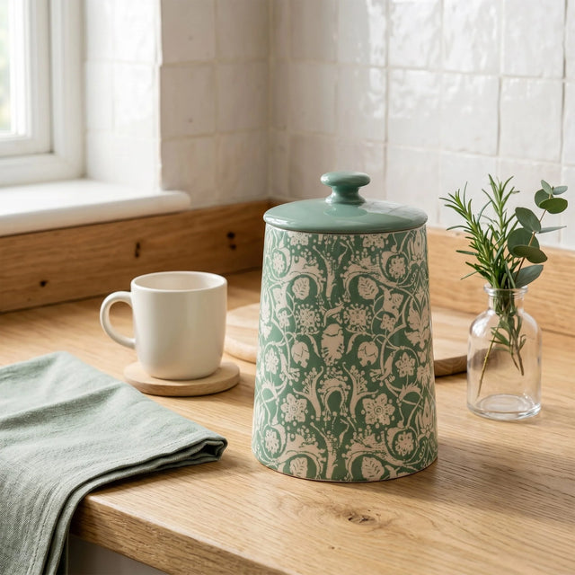 Jeff Banks Ceramic Kitchen Storage Jar Jacquard Design in Sage Green - Home Deco London
