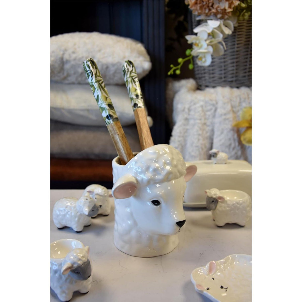 Julia Sheep Ceramic White Utensil Holder - Home Deco London