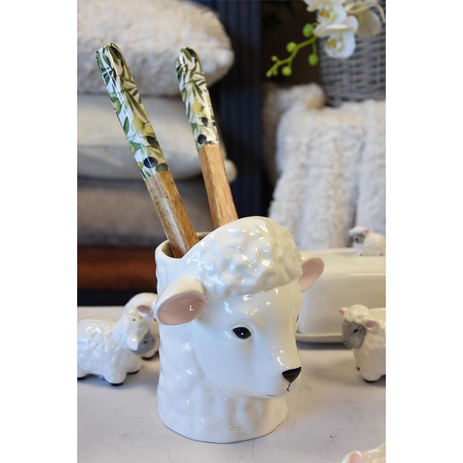 Julia Sheep Ceramic White Utensil Holder - Home Deco London