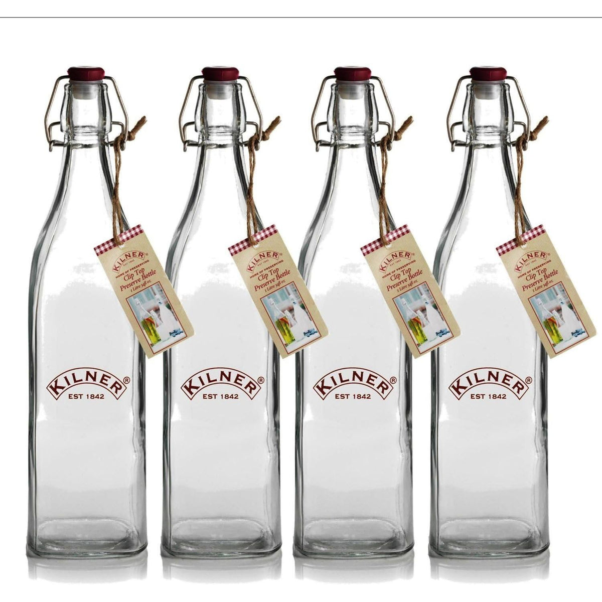 Kilner Clip Top Square Bottle 1 Litre Pack of 4 - Home Deco London