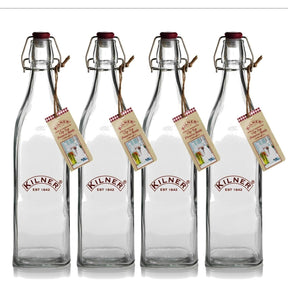 Kilner Clip Top Square Bottle 1 Litre Pack of 4 - Home Deco London