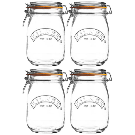 Kilner Clip Top Storage Jars Set of 4 - 1 Litre Round Glass Jars with Airtight Seal - Home Deco London