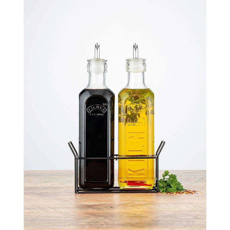 Kilner Set Of 2 Oil Bottles & Metal Rack 0.6 Litre - Home Deco London