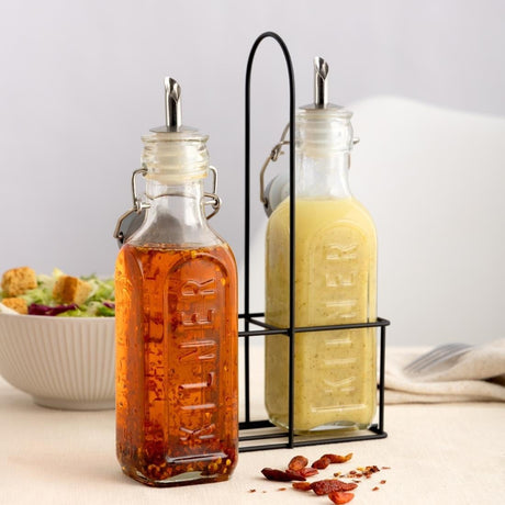 Kilner Set Of 2 Oil Bottles & Metal Rack 0.3 Litre - Home Deco London