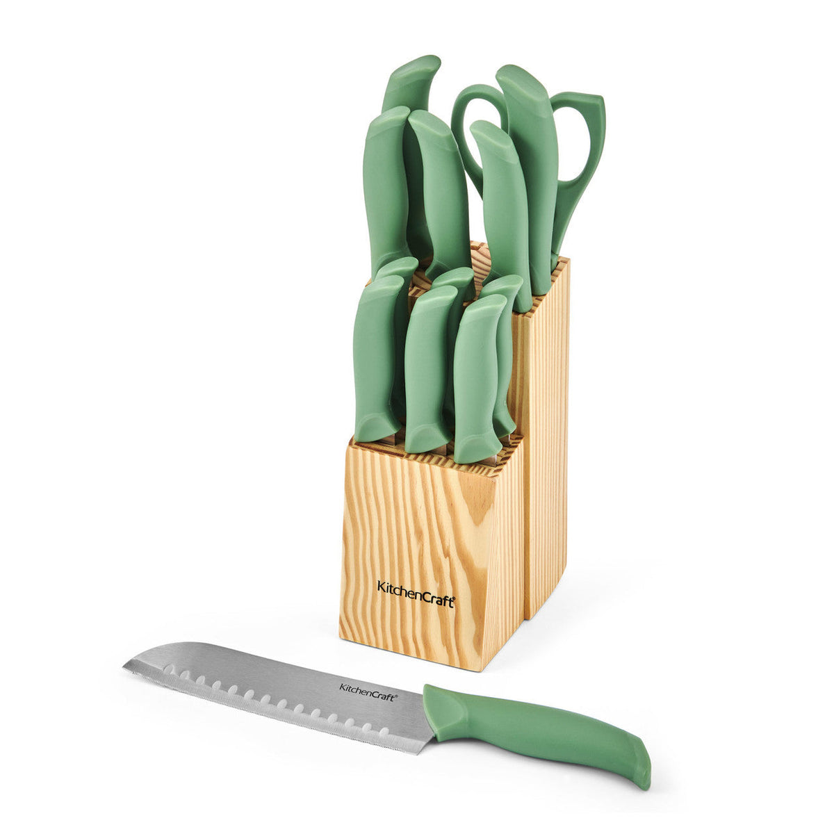 KitchenCraft 14pc Kitchen Knife Block Set with 7 Knives Green - Home Deco London
