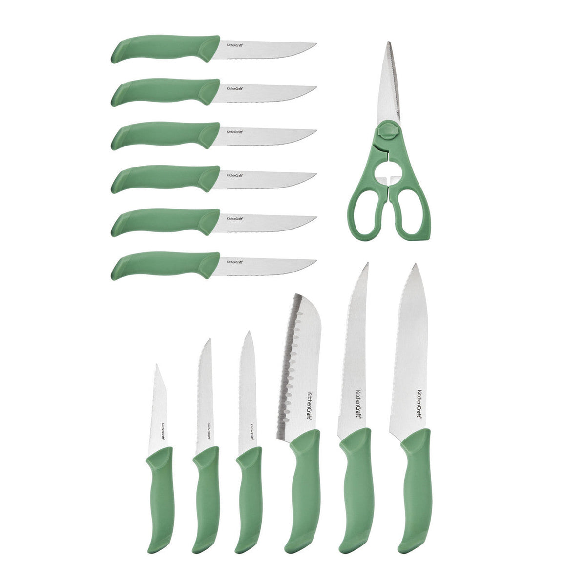 KitchenCraft 14pc Kitchen Knife Block Set with 7 Knives Green - Home Deco London