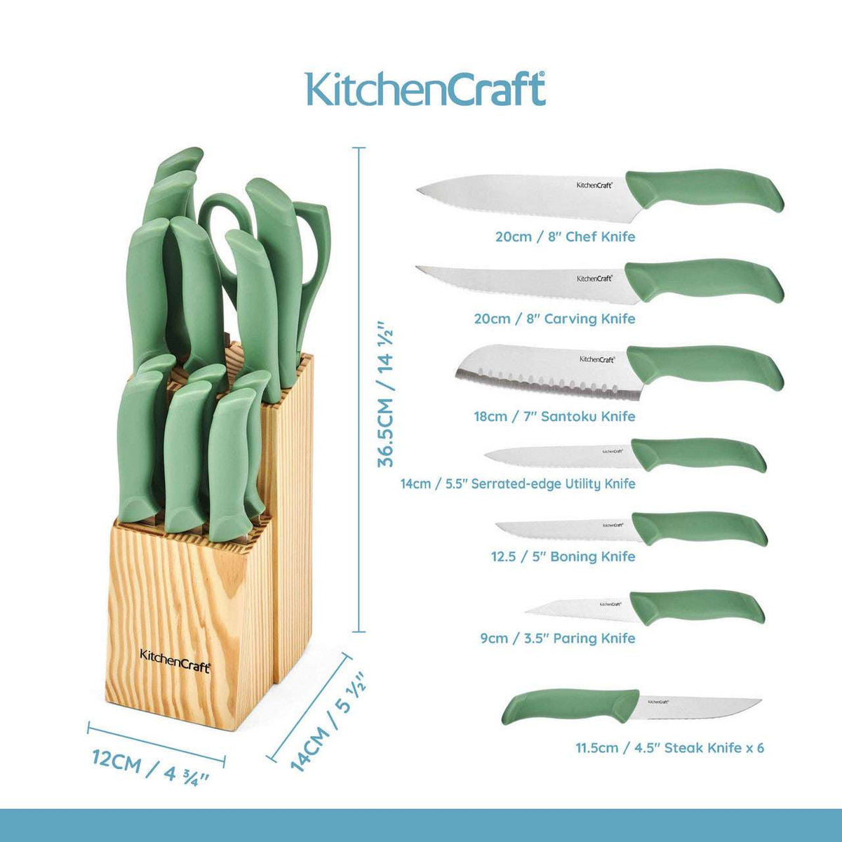 KitchenCraft 14pc Kitchen Knife Block Set with 7 Knives Green - Home Deco London