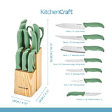 KitchenCraft 14pc Kitchen Knife Block Set with 7 Knives Green - Home Deco London