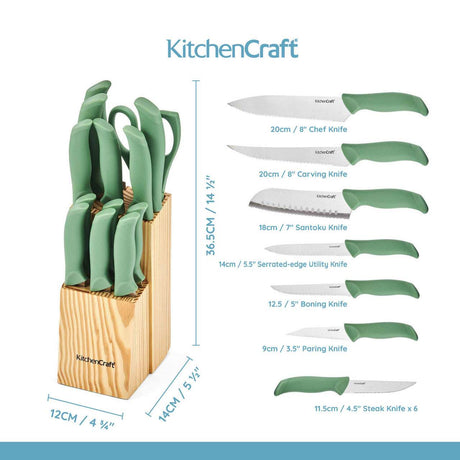 KitchenCraft 14pc Kitchen Knife Block Set with 7 Knives Green - Home Deco London