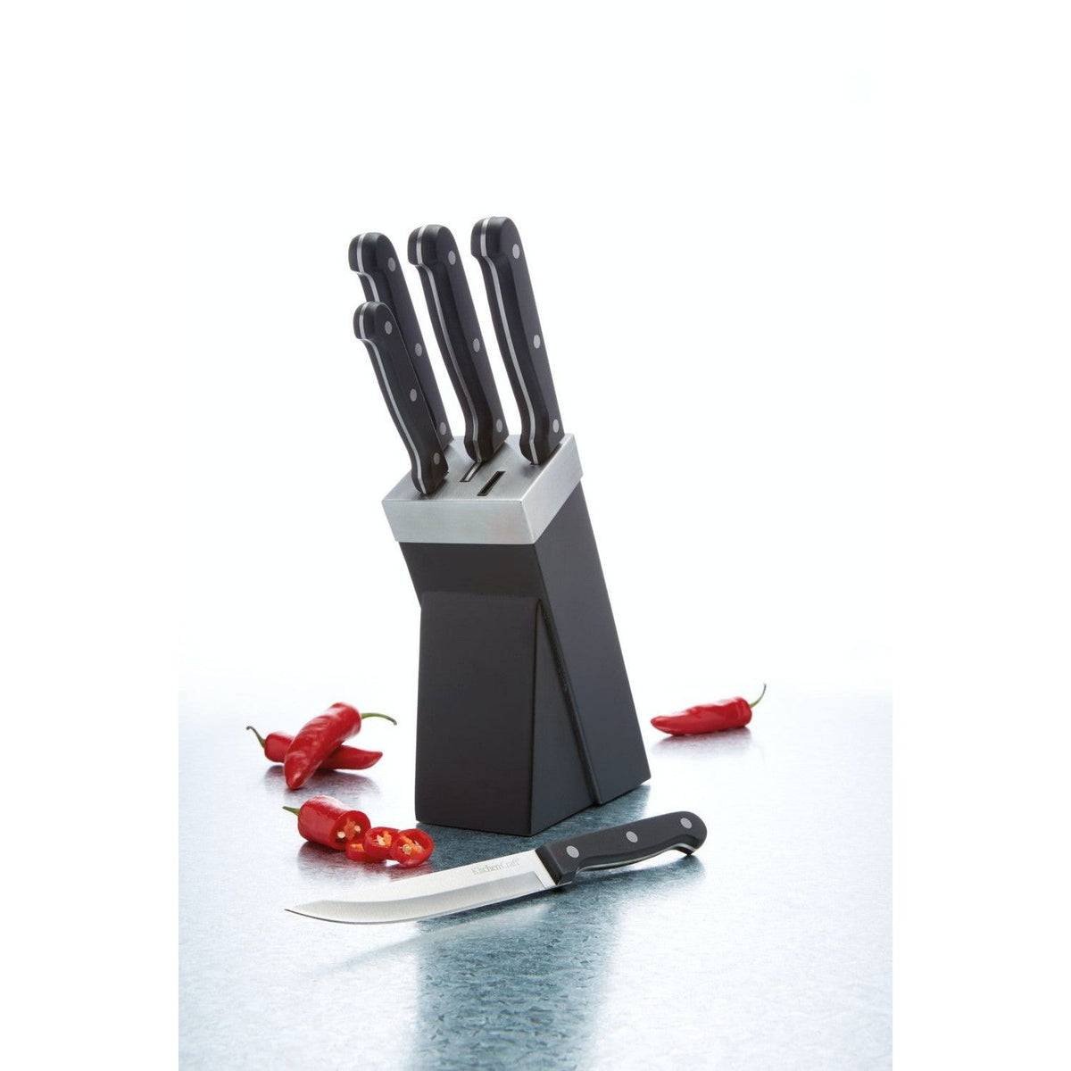 KitchenCraft 5 Piece Knife Set Black With Stylish Block - Home Deco London