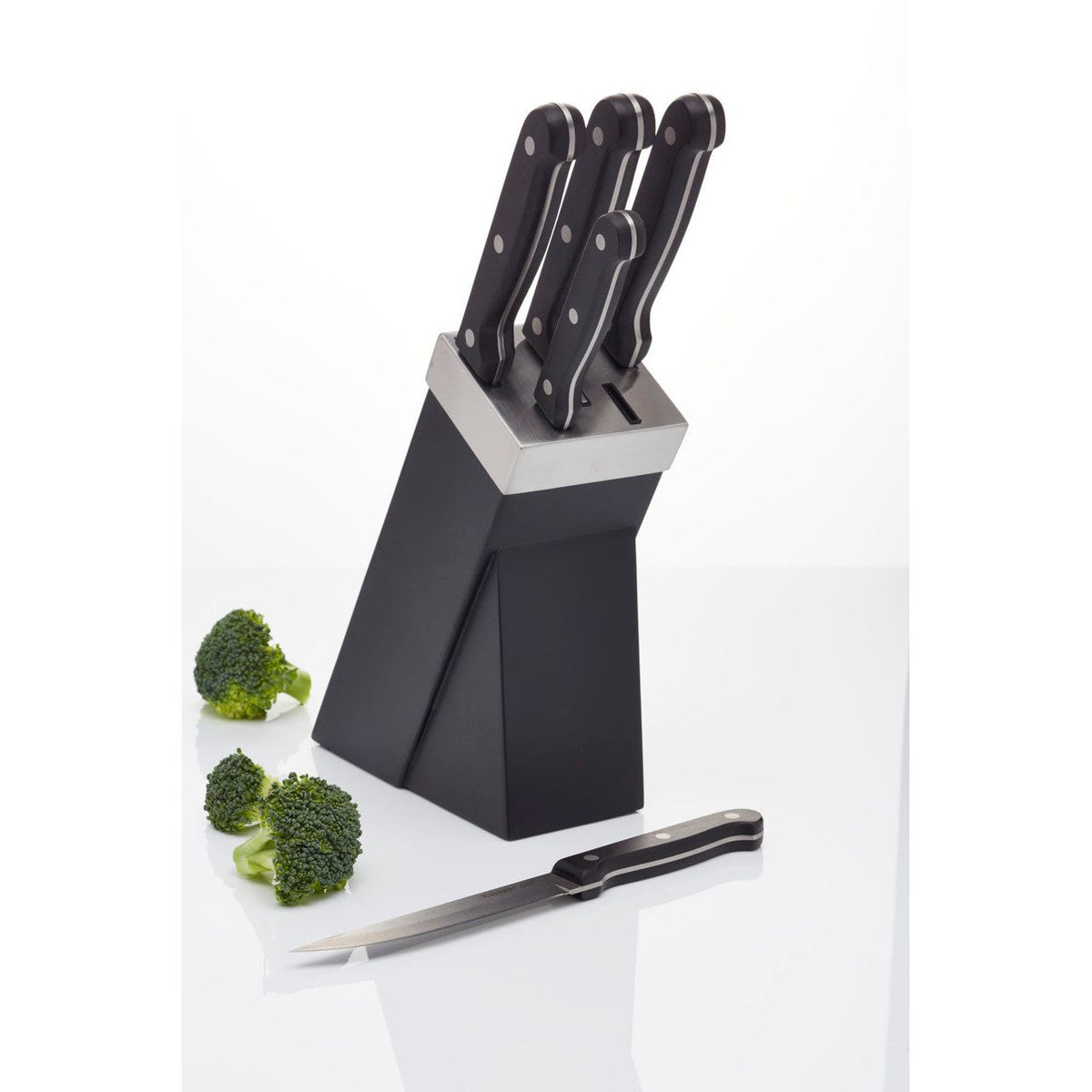 KitchenCraft 5 Piece Knife Set Black With Stylish Block - Home Deco London