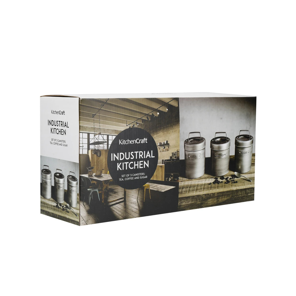 Industrial Kitchen Tea, Coffee and Sugar Canisters in Gift Box, Vintage-Style Metal