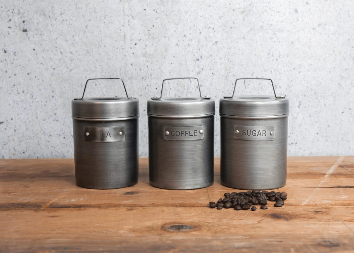 Industrial Kitchen Tea, Coffee and Sugar Canisters in Gift Box, Vintage-Style Metal