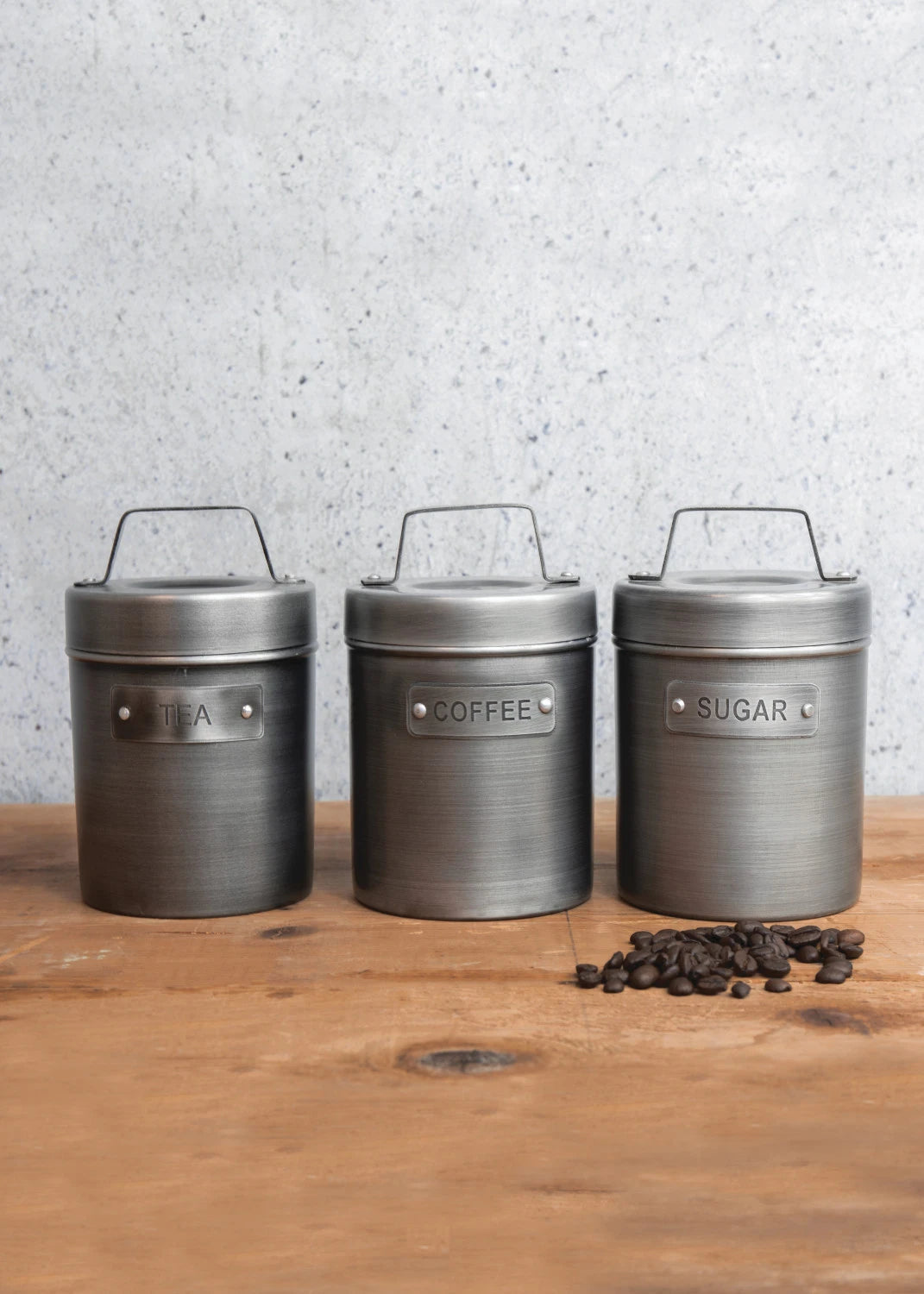 Industrial Kitchen Tea, Coffee and Sugar Canisters in Gift Box, Vintage-Style Metal