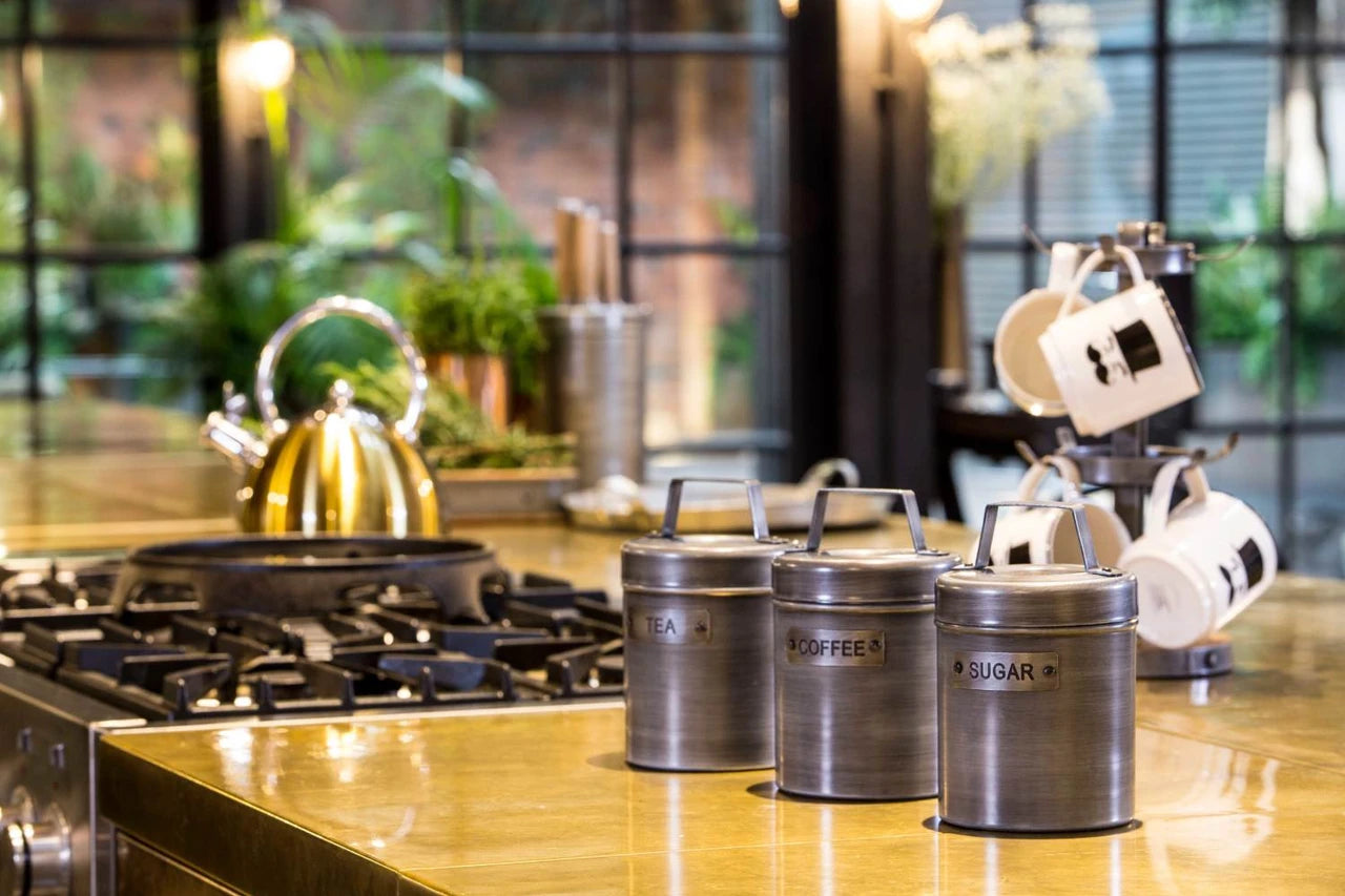Industrial Kitchen Tea, Coffee and Sugar Canisters in Gift Box, Vintage-Style Metal