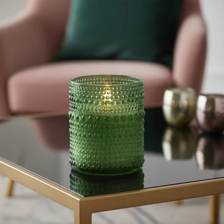 Olive Green LED Candle in Embossed Glass - 10cm - Home Deco London